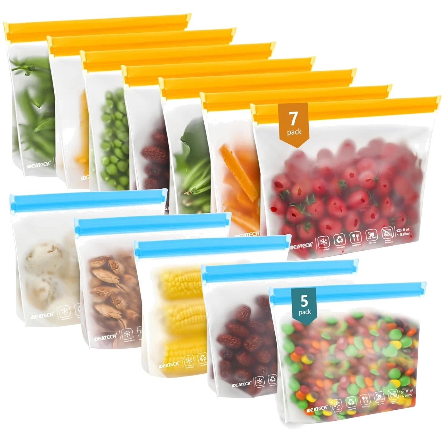 Leakproof Freezer Bags - BPA Free Reusable Baggies (12 Pack)