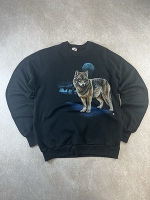 Vintage Jerzees Wolf Grafik Sweatshirt Schwarz USA Made XL Natur Tier Wolf 90er