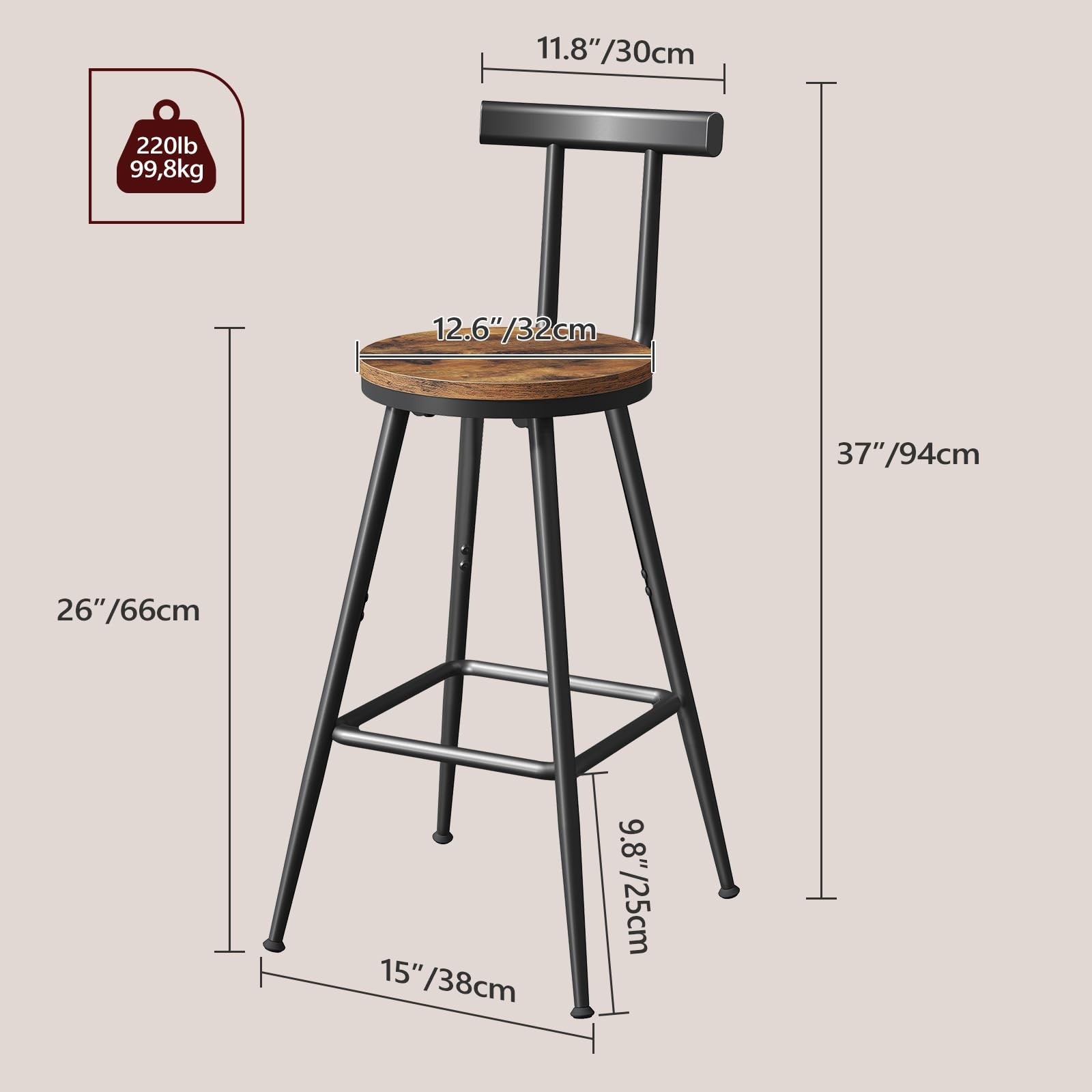 Bar Stools, Set of 2 Bar Chairs with Backrest and Footrest, 26" Tall Counter ...