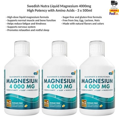Swedish Nutra Flüssiges Magnesium 4000 mg Hochdosiert mit Aminosäuren 3x500ml