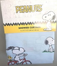 Peanuts Snoopy Woodstock Fabric Shower Curtain 72x 72 Doghouse Bicycle Friends