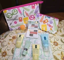 Clinique 8 Pc Set GWP w/ 2 Zippered Makeup Bags / Pouches NEW UNUSED Free Ship