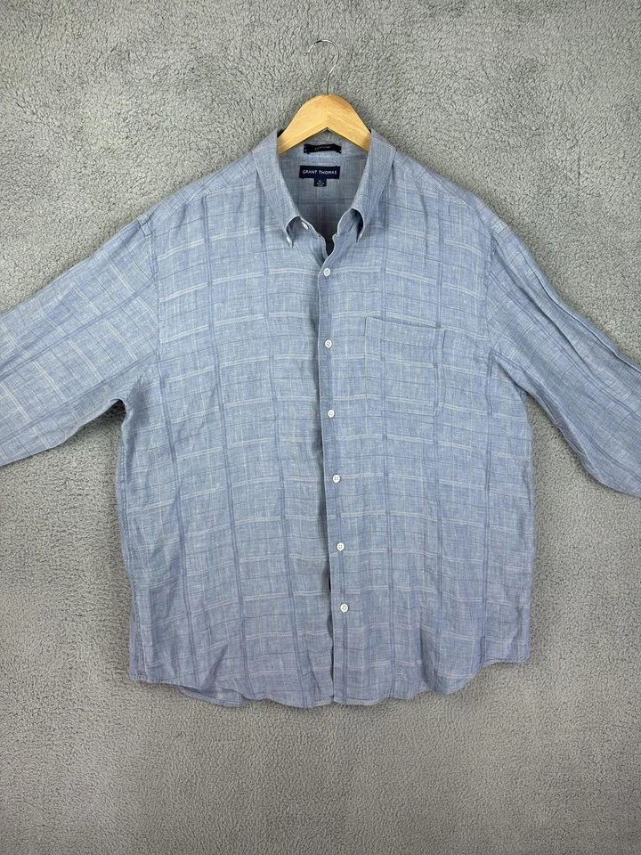 Camisa Grant Thomas Para Hombres XL Azul Lino Puro Abotonada Manga Larga Bolsillo Informal Foto 2 de 4