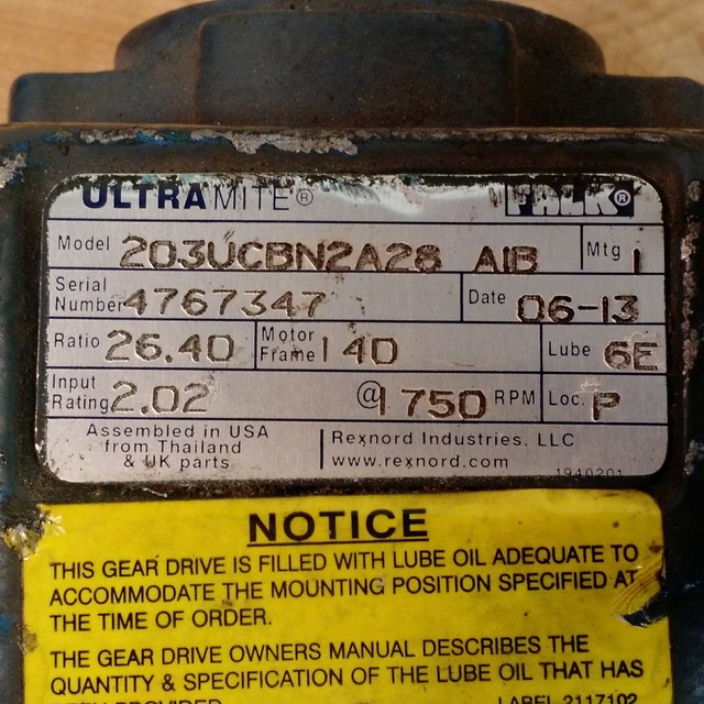 Falk Ultramite 203UCBN2A28 Gear Box 2.02 HP 1750 RPM 26.40 Gear Ratio