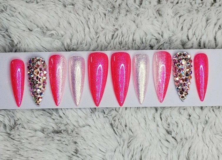 Pink Glitter  Long Solid Pink Glitter Nails