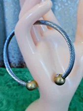 VTG Statement Torc Silver Tone & Brass Balls Bangle Twisted Rope Bracelet 7-9"