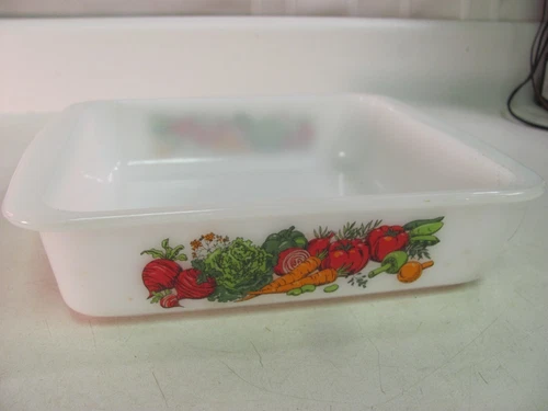 Vintage Glasbake J2428  8" casserole Dish with Retro Vegetables Made USA