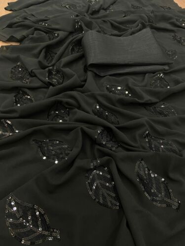 Women Fancy Designer Ethnic Georgette Black Sequins Saree Party Wear Sari Blouse