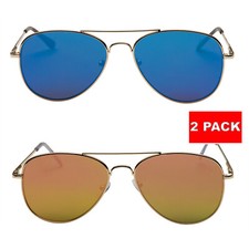 2 PACK Men Women Flat Frame Lens Aviator Sunglasses Pilot Classic Top Gun Mirror