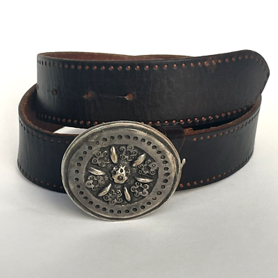 FRANK DANIEL Belt Brown Leather W/ Round Engraved Brass  display picture 3