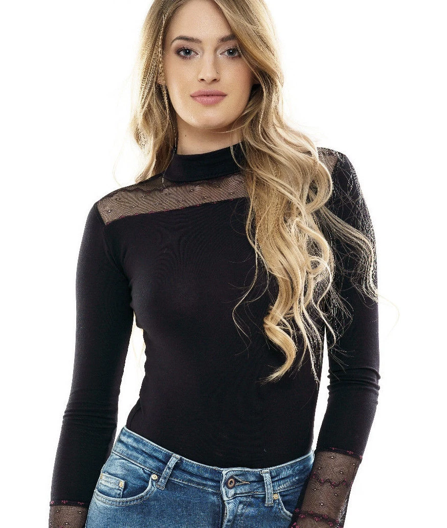 Women Top Blouse Bodysuit Black Turtleneck Lace Body Suit Leotard Thong Lingerie