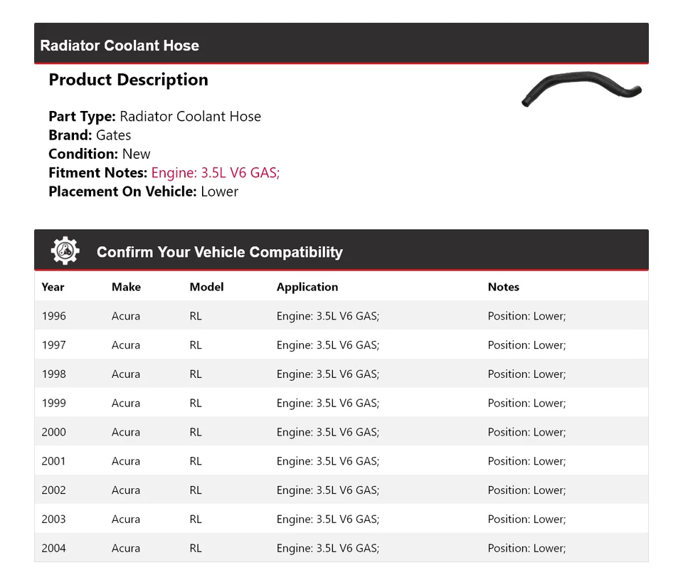 Para 1996-2004 Acura RL 3.5L V6 GÁS radiador líquido refrigerante mangueira portões inferiores 1997 1998 - Imagem 2 de 4