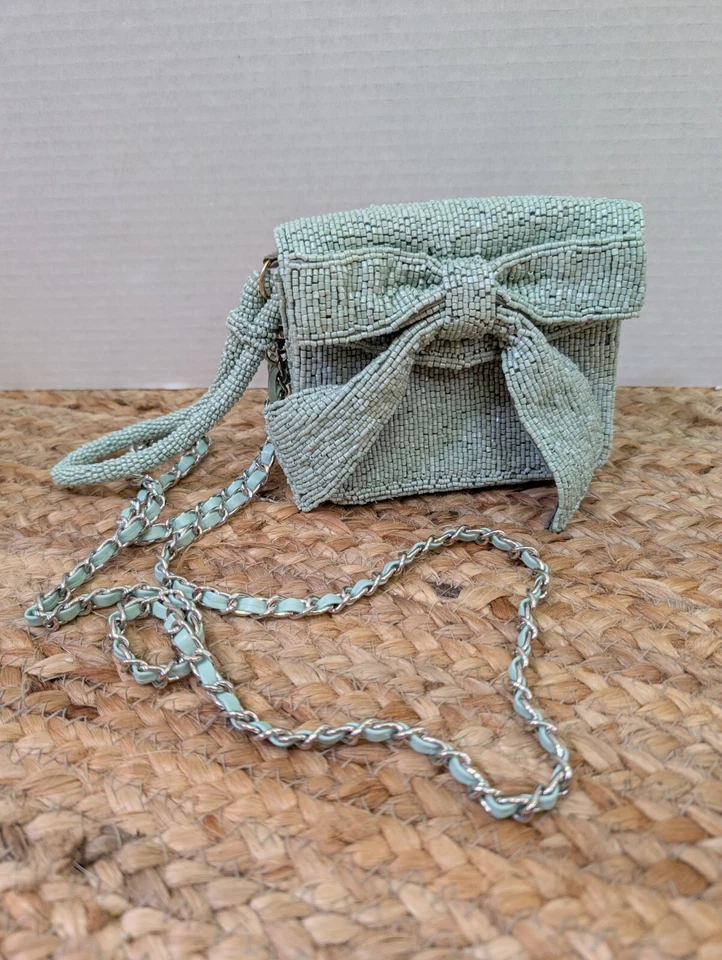 Anthropologie Glass Beaded Wristlet Blue Green Bow Detail & Crossbody Strap - Image 3 of 4