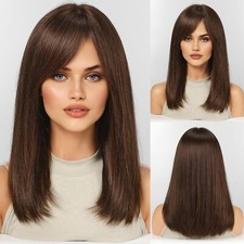 14 Inch Dark Brown 100 Human Hair Wigs with Bangs for Women Daily Wig None Lace