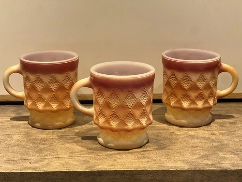Vintage Fire King Kimberly Diamond Coffee Mug Cups Yellow Gold Set Of 3 USA MADE