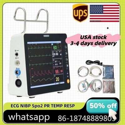 8'' Multi-parameter Patient Monitor ECG, NIBP, SPO2,  PR, Temp, Resp  US Stock