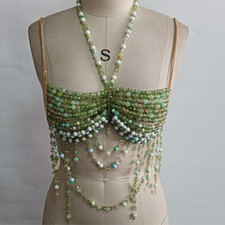 Women Beaded Top Green Bra Cyrstal Bralette Ladies Bust Chest Harness Party Vest