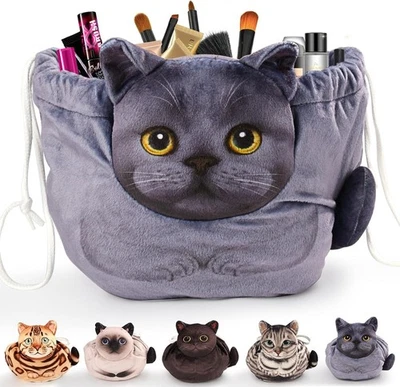 OPENHAHAHA Cat Drawstring Makeup Bag,Flat Lay Make Up Bag,Portable Travel Cosmetic Bag Stor