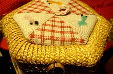 Vtg Antique Sewing Box Basket~ Hand-made Wicker Embroidered 5"x 5"x 3.25"     G7