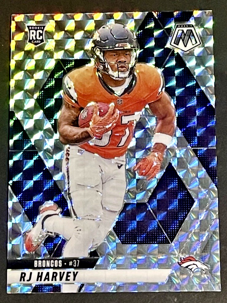 2025 Panini Mosaic RJ Harvey Rookie Silver Mosaic Prizm RC #375 Broncos