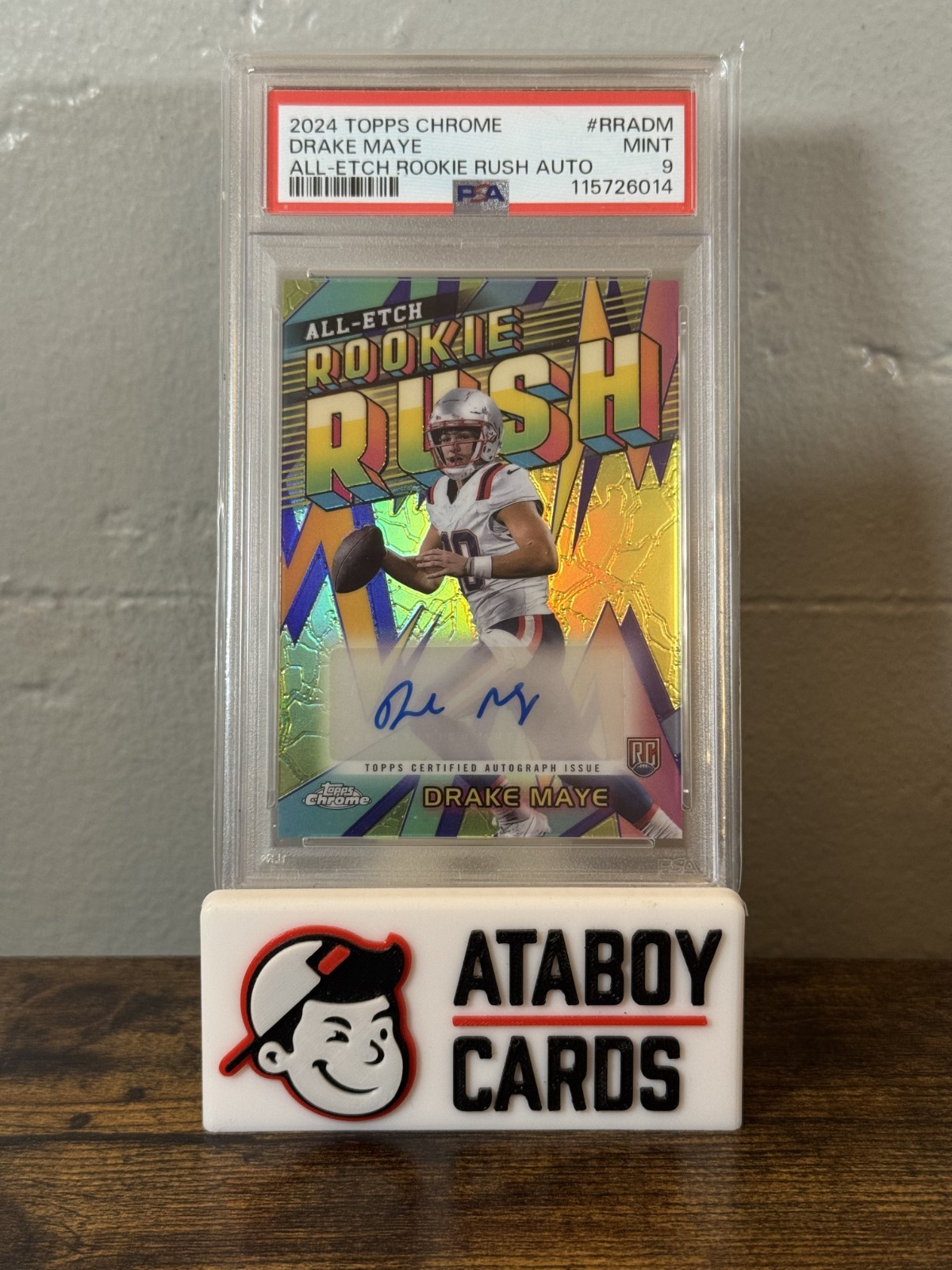 Drake Maye #RRA-DM Football Cards 2024 Topps Chrome All-Etch Rookie Rush Autograph trading card — raw and PSA graded price guide