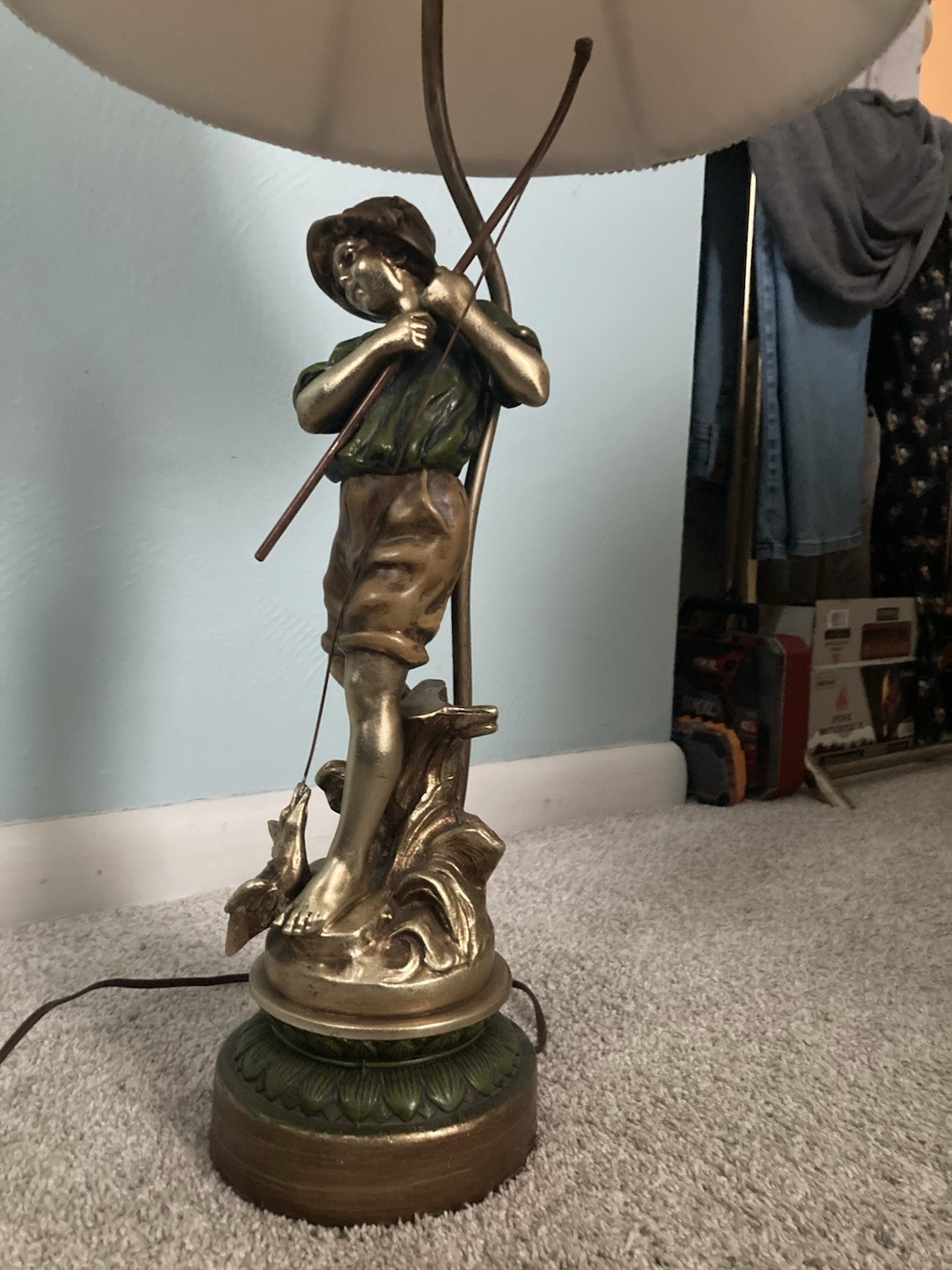 L F Moreau Boy With Fishing Pole - “The Duck Fisherman” 3-way Lamp - Nice Cond.