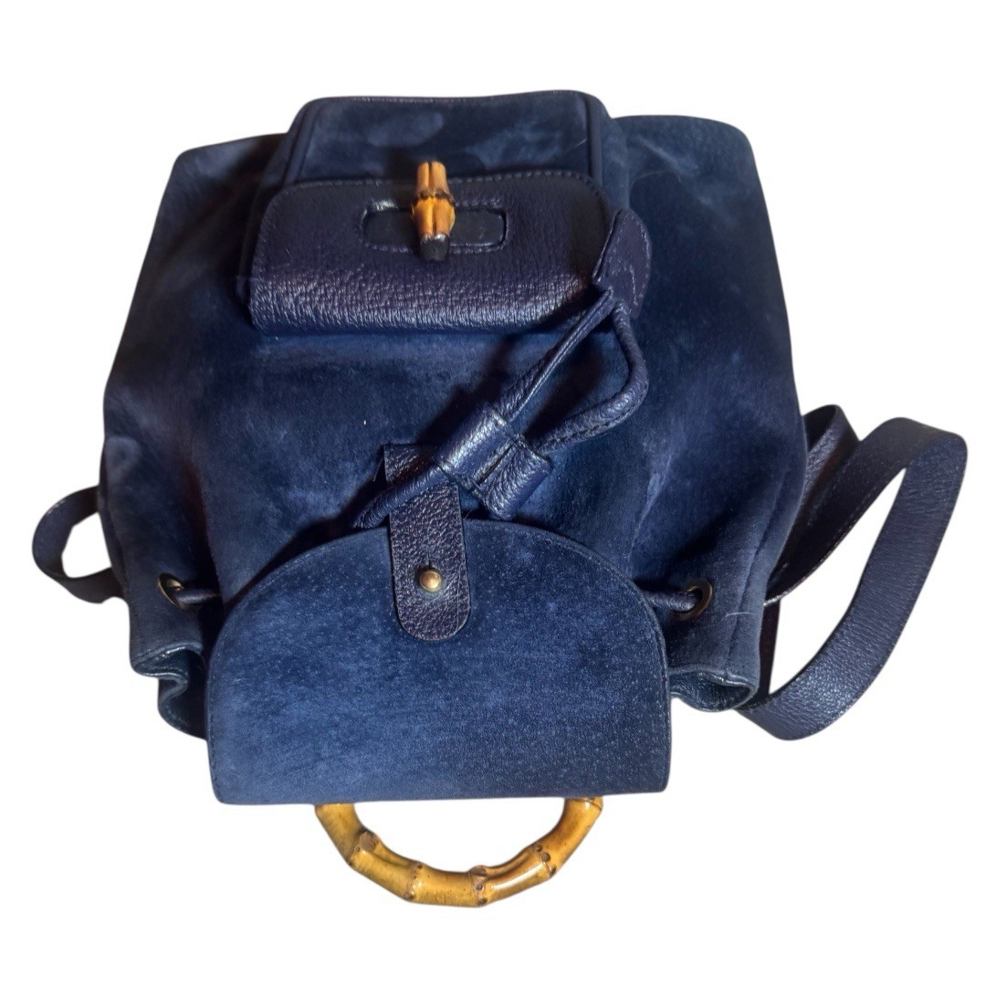Gucci Navy Blue Suede & Leather Bamboo Mini Backpack Vintage Auth image 6