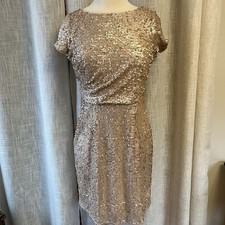 Adriana Papell Beaded Sequin Mesh Overlay Cocktail Dress 10 Champagne Wedding