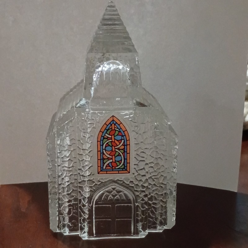 Glass Church Village House Figurine, Clear Stained Window, 3D Textured