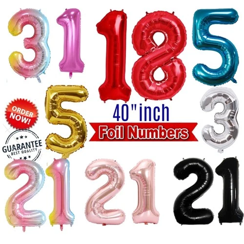40" Giant Foil Number Balloons Self Inflating 16th 18th 21st Age Birthday Decor