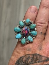 STERLING SILVER NATIVE AMERICAN SW TURQUOISE MULTI STONE CLUSTER ADJ RING .925
