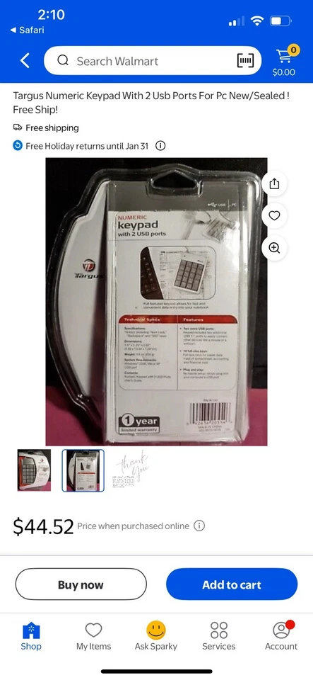 Targus Numeric Keypad with 2 USB ports for PC New/Sealed #19 - Image 2 of 4