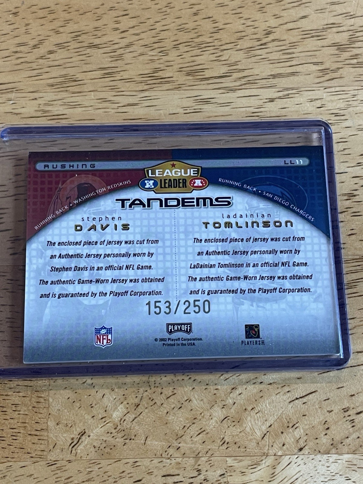 2002 Playoff Prestige #LL11 Tomlinson /Davis League Leader Tandem Duo Patch /250 view 4