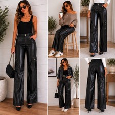Haute Monde Black Faux Leather Wide Leg Cargo Pants Size Medium Pull-On