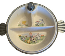 VTG HANDCRAFT 1944 Porcelain Chrome Divided Baby Dish Warmer Farm Animal Theme
