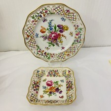 Dresden Porcelain Reticulated Scalloped Plate Bowl Gold Trim Pink Rose Vintage