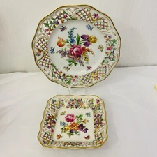 Dresden Porcelain Reticulated Scalloped Plate & Bowl Gold Trim Pink Rose Vintage