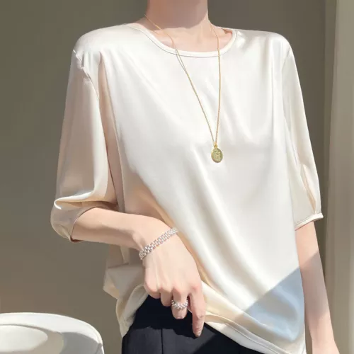 Women's Summer Round Neck Silk T-shirt Half Sleeved Shirt Loose Bottomed Top - Picture 2 of 22