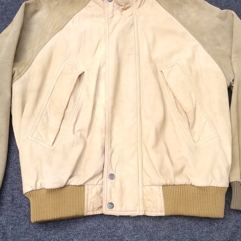 Chaqueta de bombardero vintage de cuero de oveja Sawyer Of Napa para hombre grande beige lana cremallera Foto 3 de 4