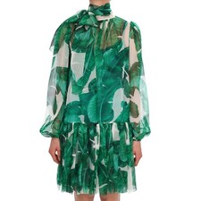 Dolce & Gabbana Banana Leaf Bow Silk Dress Green White It 38 De 34 XS