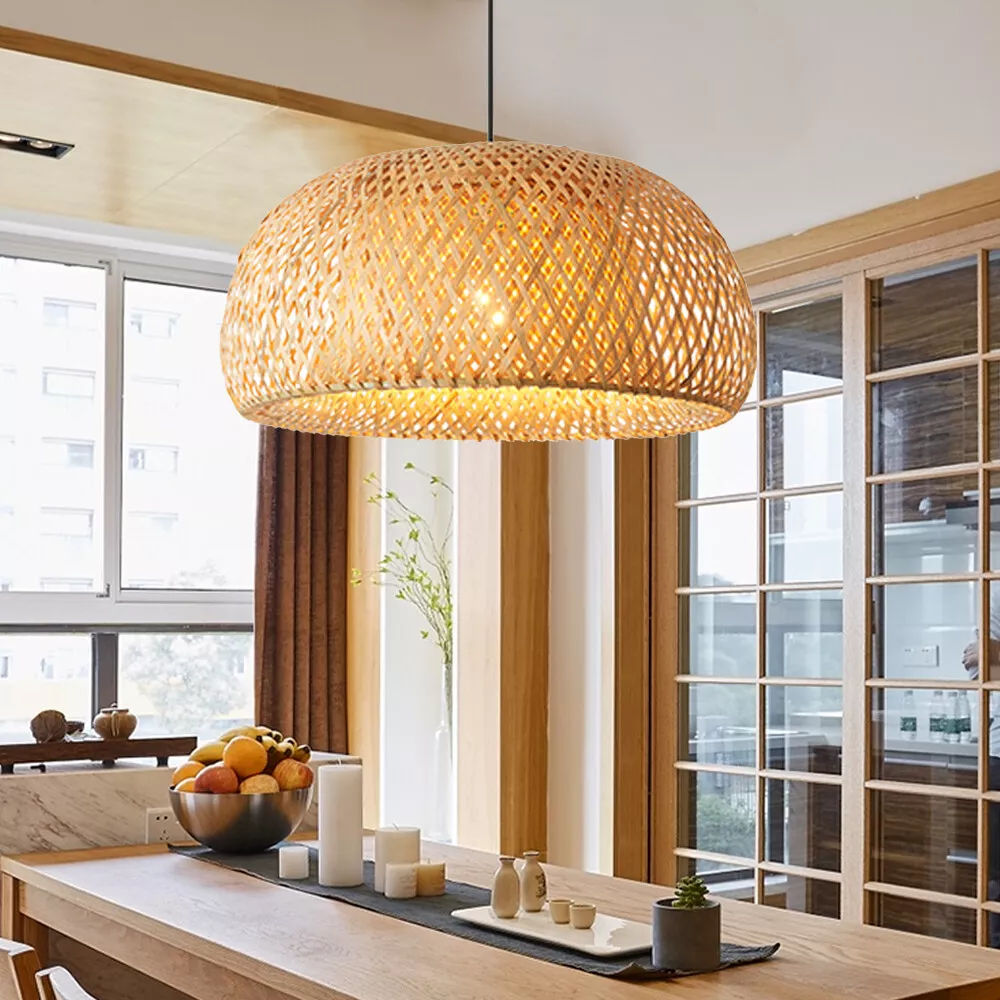 LED Chandelier Vintage Ceiling Light Bamboo Wicker Rattan Shade Pendant Lamp E27