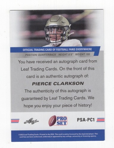 2022 LEAF PRO SET FOOTBALL ROOKIE AUTOGRAPH PIERCE CLARKSON LOUISVILLE - Picture 2 of 2