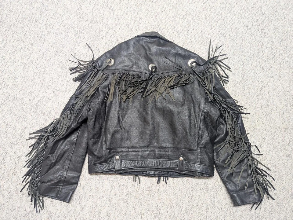 vintage USA made FRINGE motorcycle jacket 46 black leather XL western EXCELLED - Image 2 of 4