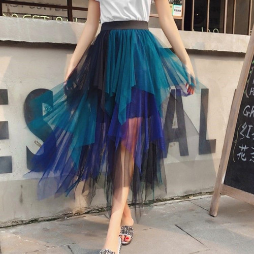 Damen Tüll Netz Farbverlauf Rock Unregelmäßig Netzgewebe Tutu Halb Kleid Midi DE - Bild 1 von 26