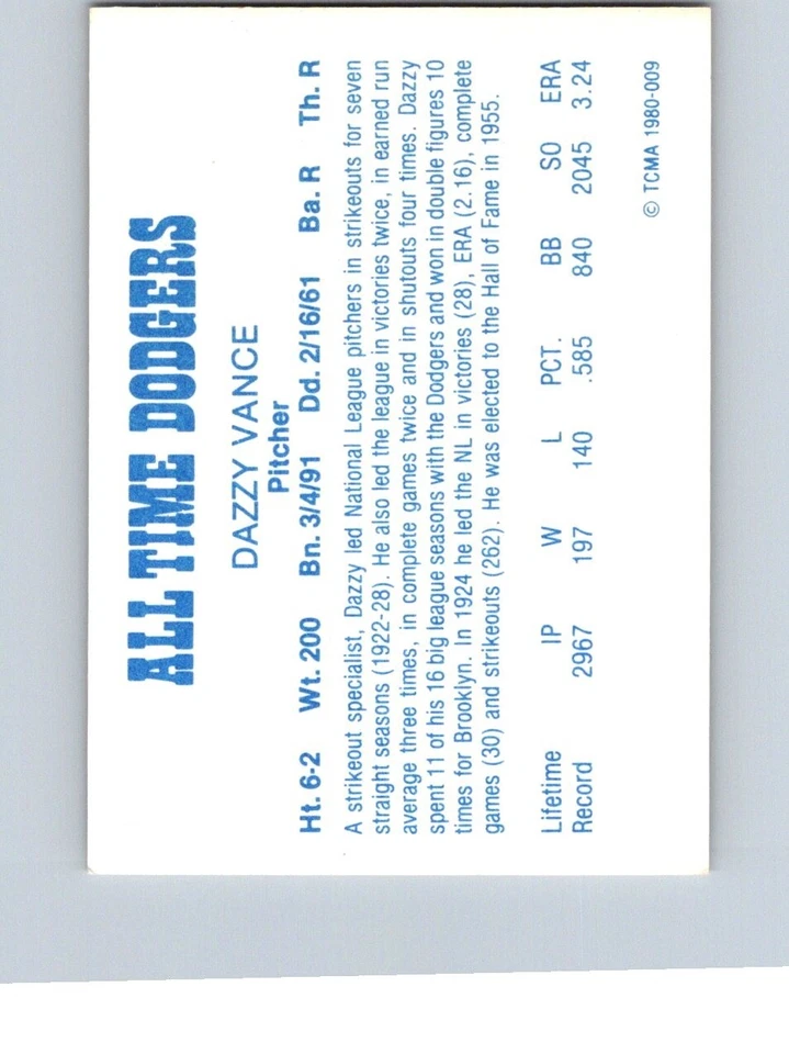 VINTAGE BASEBALL CARD ALL TIME LOS ANGELES DODGERS DAZZY VANCE - Image 2 of 2