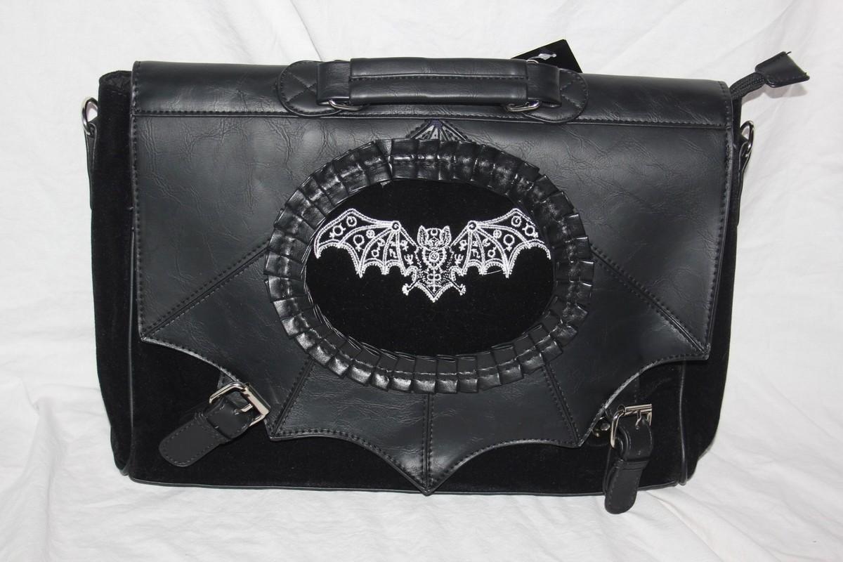Sac à Dos Cartable RESTYLE Style Gothique Rock - Imitation Cuir Noir Et Velours, Motif Chauve-souris - Neuf Avec étiquettes