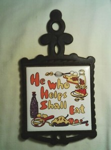 Vintage Trivet- He Who Helps Shall Eat Tile -  PRINCE cast iron handle