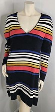Free People Gidget Black Multi Color Striped Mini V-Neck Sweater Dress Size L 
