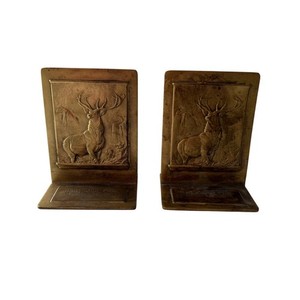 Vintage Pair Hartford Fire Insurance Co Elk Stag Brass Bookends Bastian Bros NY