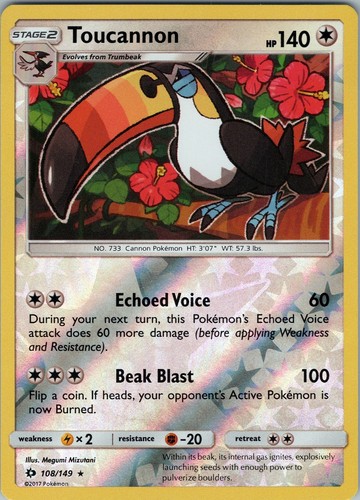 Toucannon 108/149 Rare - Pokemon TCG Sun & Moon Base Set - Reverse Holo (NM)